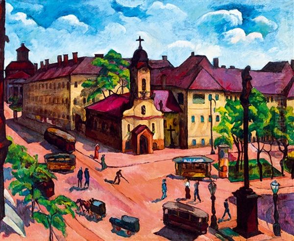 View Of Budapest With The Rakoczi Street Oil Painting by Vilmos Perlrott-Csaba