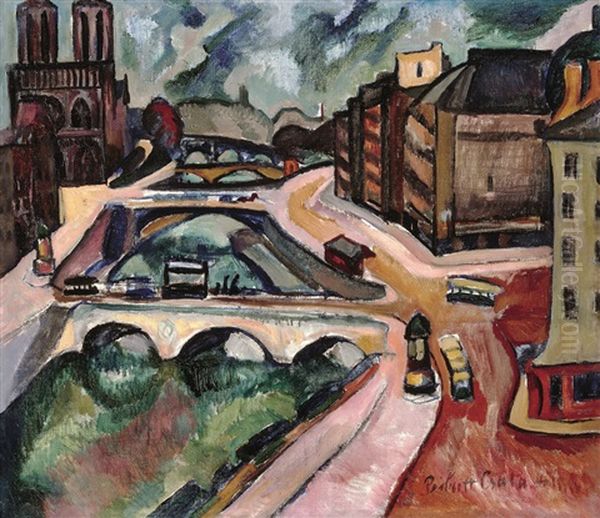 View Of Paris With The Notre Dame Oil Painting by Vilmos Perlrott-Csaba