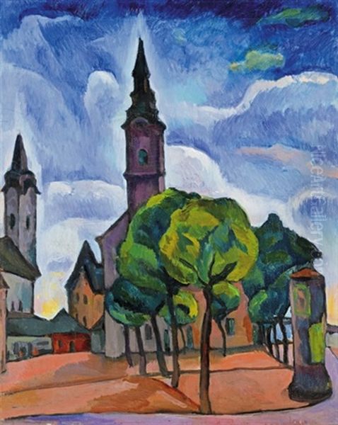 Small-town View With A Tower, An Advertising Pillar And Trees (kecskemet) Oil Painting by Vilmos Perlrott-Csaba