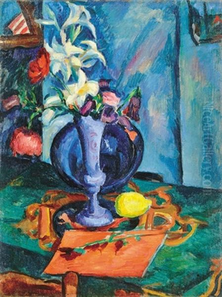 Still-life With Flowers In A Blue Vase Oil Painting by Vilmos Perlrott-Csaba