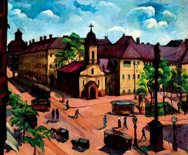 Wiev Of Budapest With The Rakoczi Avenue Oil Painting by Vilmos Perlrott-Csaba