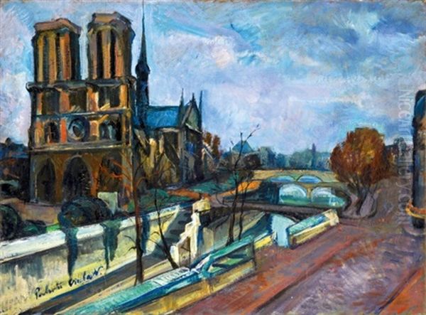 Notre Dame Oil Painting by Vilmos Perlrott-Csaba