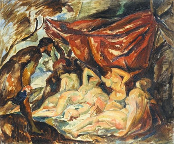 Bathers Oil Painting by Vilmos Perlrott-Csaba