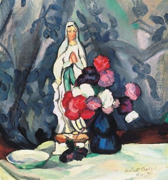 Csendelet Kek Vazaval - Still-life With Blue Vase Oil Painting by Vilmos Perlrott-Csaba