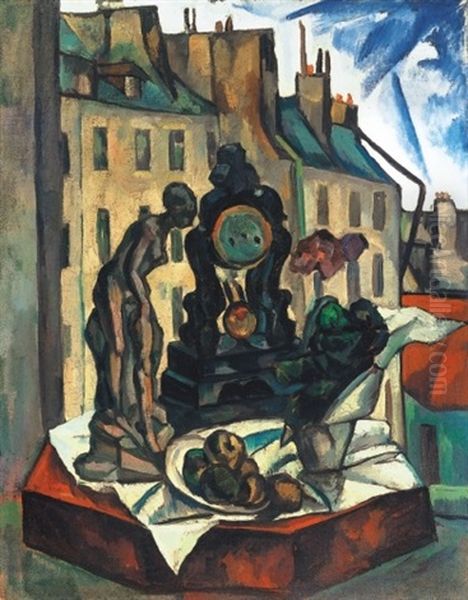 Csendelet A Parizsi Muterem Ablakbol - Still-life From The Studio Window In Paris Oil Painting by Vilmos Perlrott-Csaba