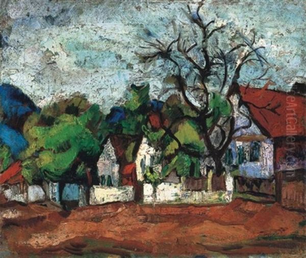 Nagybanya, Hatterben A Kereszt-heggyel (nagybanya, With The Kerszthegy In The Background) Oil Painting by Vilmos Perlrott-Csaba