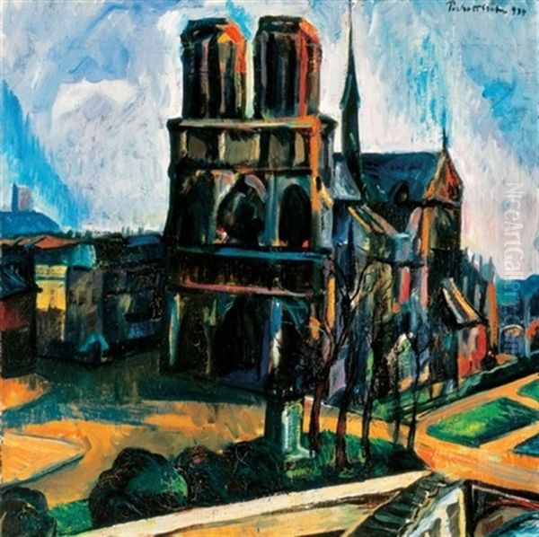 Pariszi Szajna-part A Notre -dame-mal (the River Seine With The Notre Dame In Paris) Oil Painting by Vilmos Perlrott-Csaba