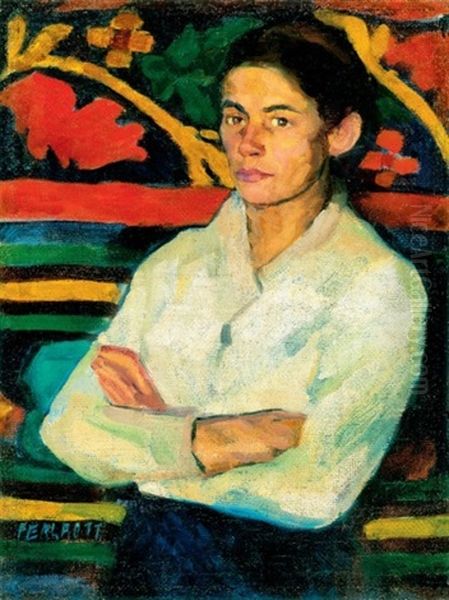 Feheringes No Keleti Szonyeg Elott (woman In White Blouse In Front Of Eastern Carpet) Oil Painting by Vilmos Perlrott-Csaba