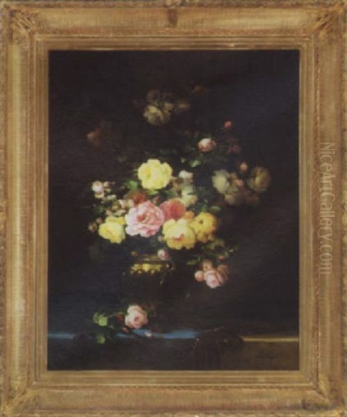 Bouquet Of Roses In A Brass Pot Oil Painting by Aime Perret