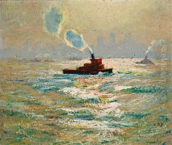 Hudson River Tugboats Oil Painting by Van Dearing Perrine
