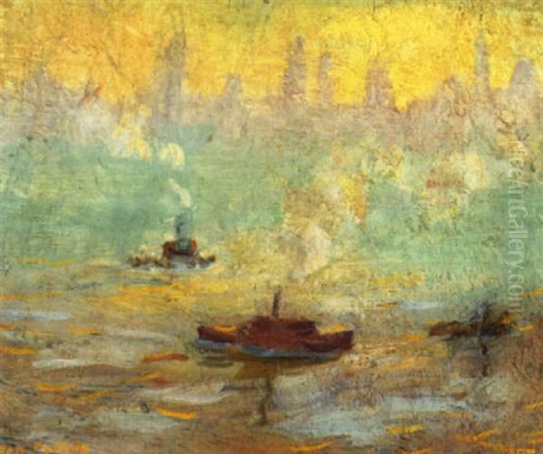 Boats In New York Harbor Oil Painting by Van Dearing Perrine