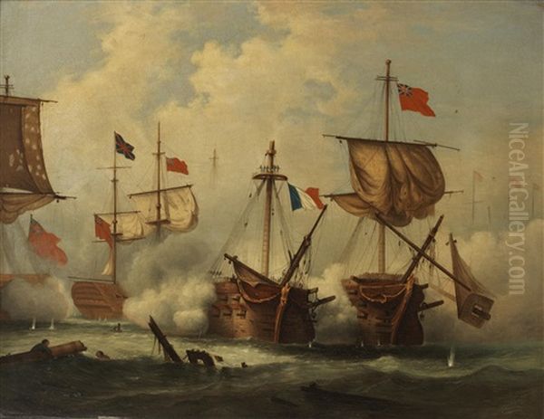 Combat De Trafalgar; Le Vaisseau Le Vengeur Au Combat Du 13 Prairial (pair) Oil Painting by Ferdinand Victor Perrot
