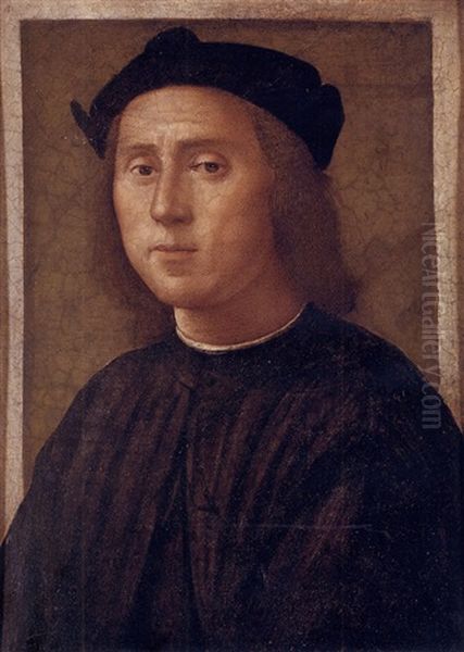 Portrait Of A Man In A Black Coat And Black Cap Oil Painting by Pietro Perugino