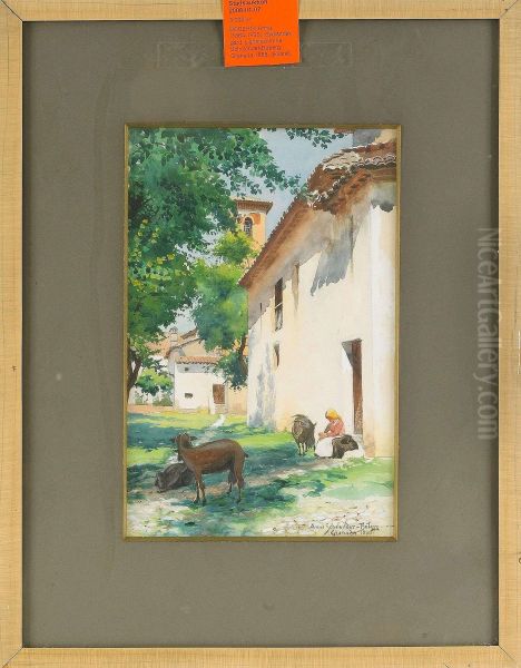 Sydlandsk Gard, Signerad Anna Scholander-boberg, Granada 1888, Akvarell, 32x21 Oil Painting by Anna Katarina Boberg