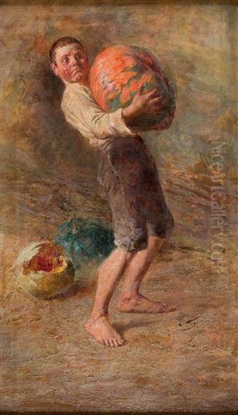 A Boy With Pumpkin Oil Painting by Geza Peske