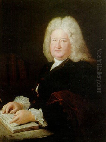 Portrait Of Maturin Veissiere De La Croze Seated With Hands Resting On An Open Book Oil Painting by Antoine Pesne