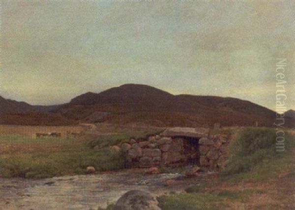Bakket Landskab Med Snebro Over Rislende Alob Oil Painting by Edvard Frederik Petersen