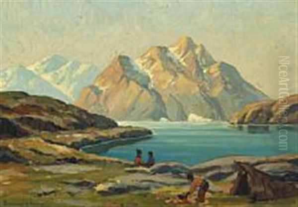 Fiord Scene With Inuit Camp Oil Painting by Emanuel A. Petersen