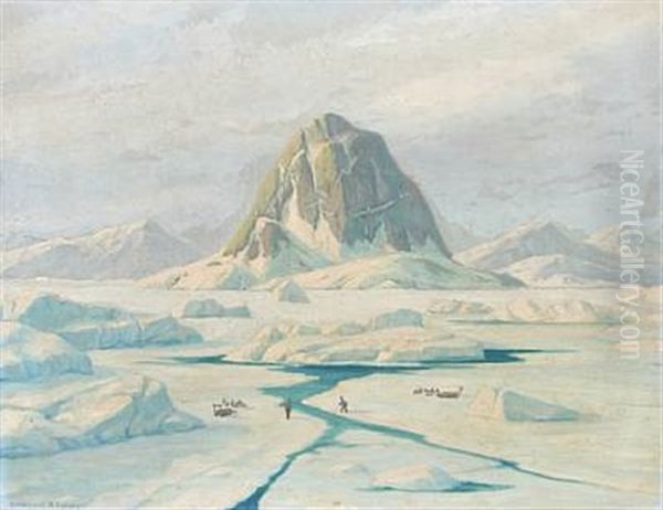 Greenlandic Landscape From Umanak With Sealers On The Ice Oil Painting by Emanuel A. Petersen