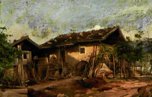 En Tolaenget Gard I Tyrol Med Store Sten Pa Taget Oil Painting by Vilhelm Peter Carl Petersen
