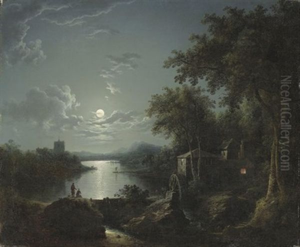 Moonlit Fishing On The Riverbank Oil Painting by Henry Pether