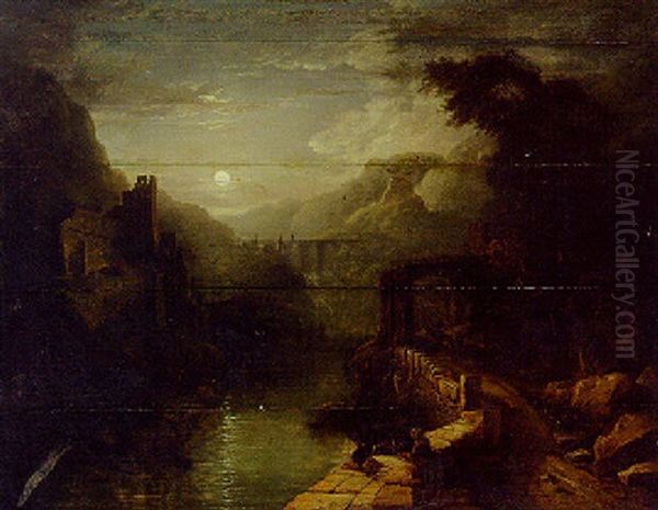 A Moonlit Italianate Landscape With Figures On A Hillside Path Oil Painting by Sebastian Pether