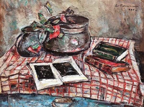 Natura Statica Cu Album De Arta, Vase, Flori Si Carti Oil Painting by Gheorghe Petrascu