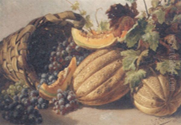 Melons And Grapes With A Basket Oil Painting by Ladislaus Eugen Petrovits
