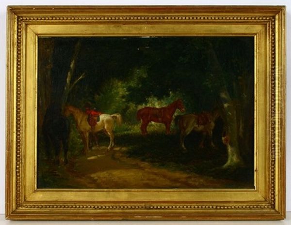 Pause Wahrend Der Jagd, Pferde Und Jager Auf Einer Waldlichtung Oil Painting by August Xaver Carl von Pettenkofen