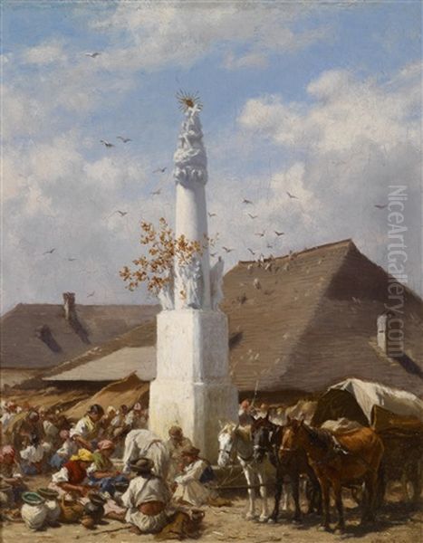 Geschirrmarkt In Szolnok Oil Painting by August Xaver Carl von Pettenkofen