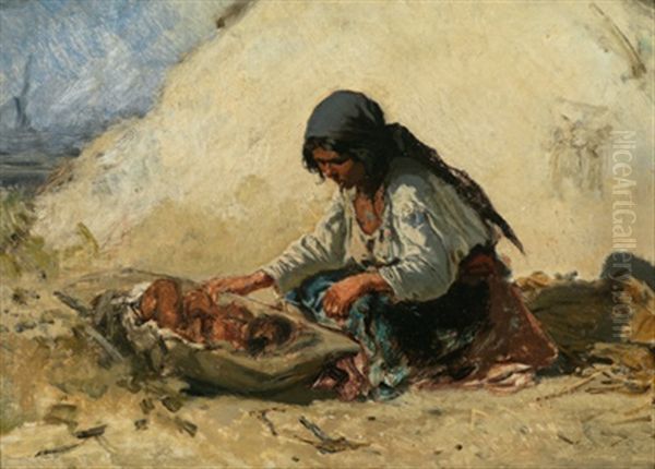 Zigeunermadel, Ein Kind In Einer Mulde Wiegend Oil Painting by August Xaver Carl von Pettenkofen