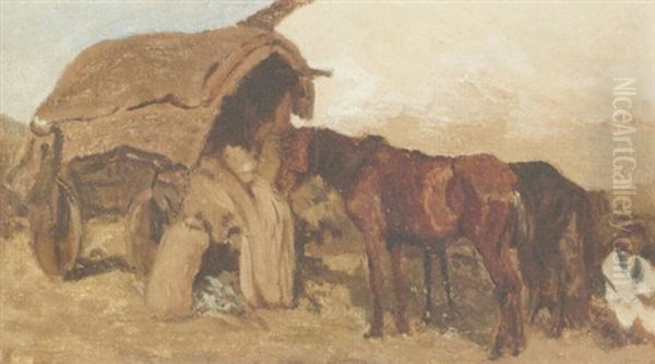 Horses Beside A Wagon Oil Painting by August Xaver Carl von Pettenkofen