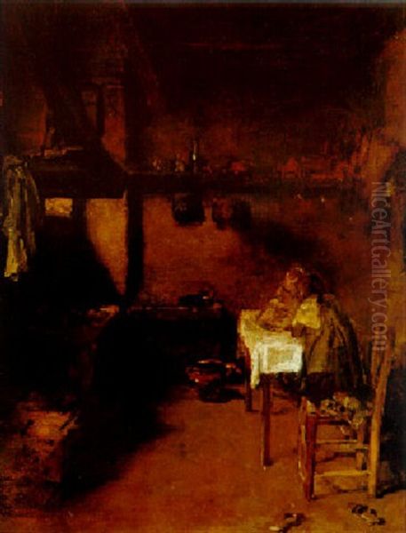 Venezianische Kuche Mit Zwei Knienden Madchen Am Kuchentisch Oil Painting by August Xaver Carl von Pettenkofen