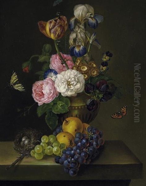 Stilleben Mit Einer Vase Fruhlingsblumen Auf Einer Tischplatte Neben Weintrauben, Apfeln Und Einem Vogelnest Oil Painting by Franz Xaver Petter