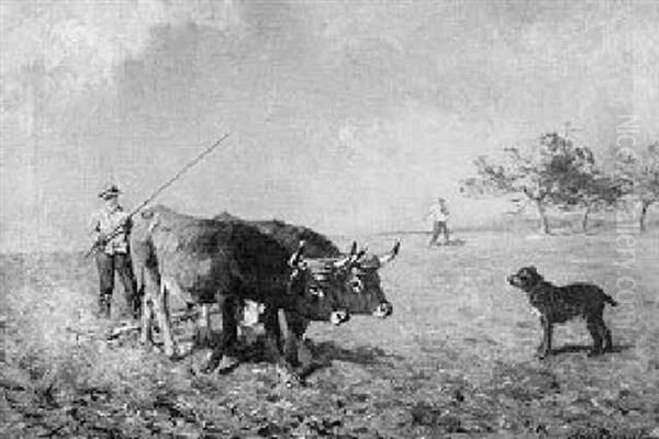 Plowing: Genre Scene With Figures, Oxen Team And Dog Oil Painting by Aymar Pezant