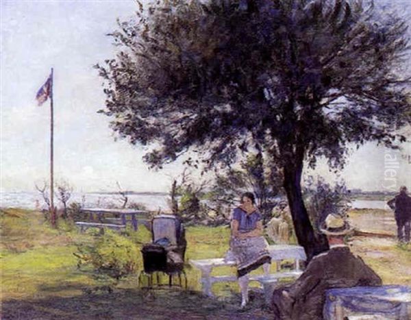 Sommerdag Med Badende Ved Dragor Sydstrand, I Forgrunden Ungt Par Med Barnevogn Oil Painting by Sally Nikolai Philipsen