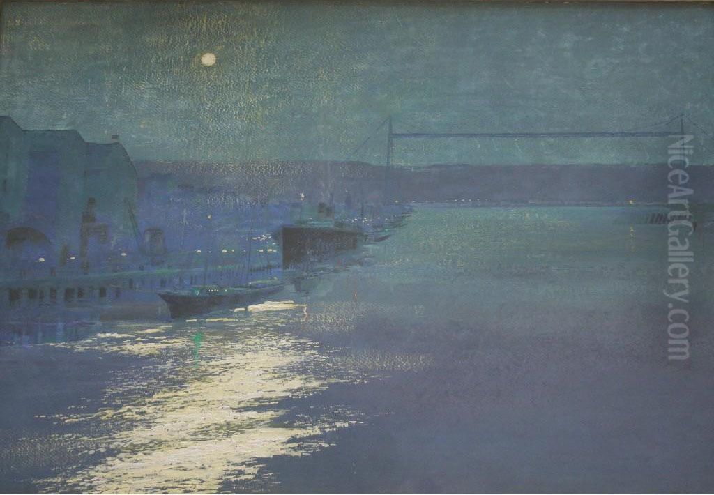 The Seine At Rouen, Moonlight Oil Painting by George Alfred Boden