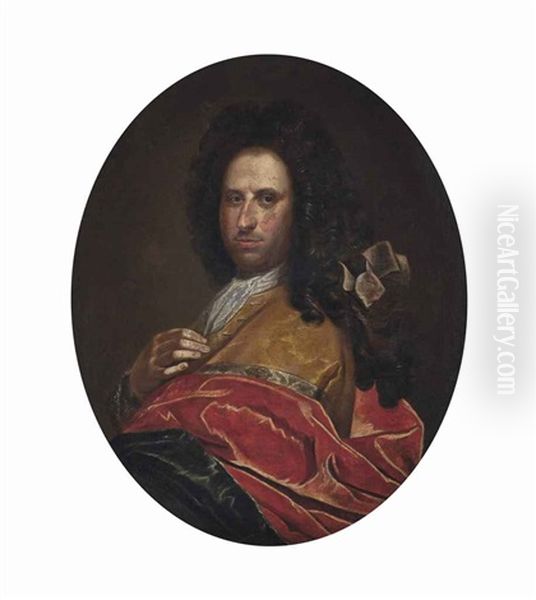 Portrait Of A Gentleman, Half-length, In An Ochre And Red Wrap Oil Painting by Giovanni Maria Delle Piane