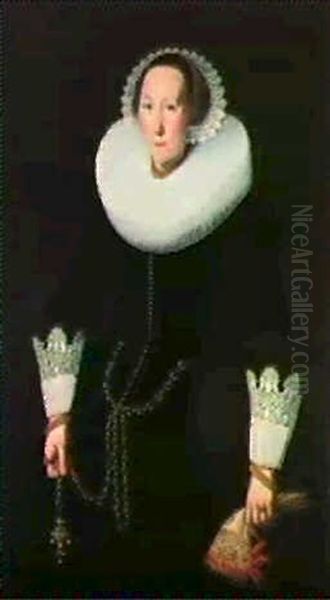 Portrait Of A Lady, Standing Three-quarter Length, Wearing  An Elaborate Black Costume Andholding A Pair Of Gloves Oil Painting by Nicolaes Eliasz Pickenoy