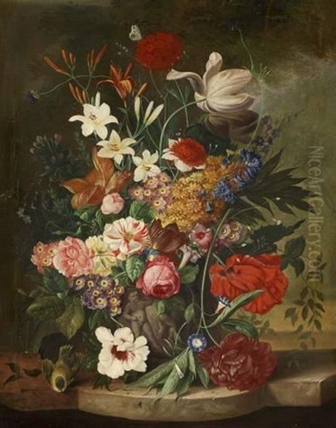Groses Blumenstillleben Mit Insekten Und Einer Meise Oil Painting by Franz Xaver Pieler