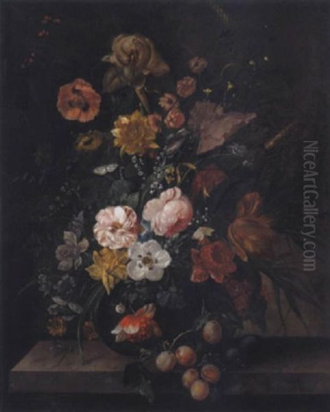 Groses Blumenstilleben Mit Zwetschgen-zweig Und Libelle Oil Painting by Franz Xaver Pieler