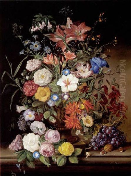 Groses Blumenstuck Mit Amarylis, Teerosen, Ackerwinden In Steinvase Oil Painting by Franz Xaver Pieler