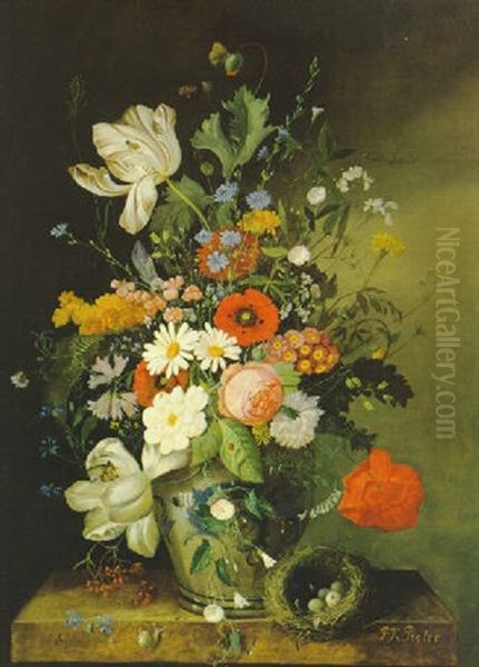 Blumenstraus Mit Tulpen, Pfingstrosen, Margeriten Und Anderen Feldblumen In Einer Keramikvase Oil Painting by Franz Xaver Pieler