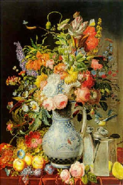 Grosses Blumenstuck Mit Obst Und Blaumeise Oil Painting by Franz Xaver Pieler