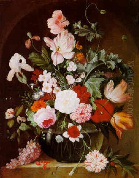 Still Life With Tulips, Roses, Morning Glories, Iris And Butterflies On A Marble Ledge Oil Painting by Franz Xaver Pieler