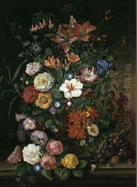 Grosses Blumenstuck Mit Amaryllis, Teerosen, Ackerwinden,   Kaktusbluten In Steinvase Oil Painting by Franz Xaver Pieler