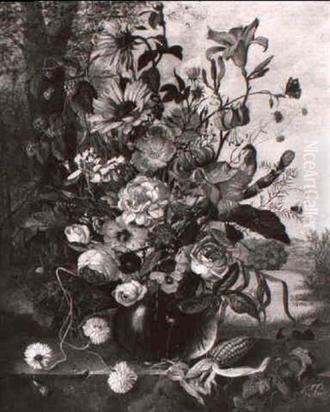 Blumenstilleben In Barockmanier Auf Einer Steinmauer Vor    Landschaft Oil Painting by Franz Xaver Pieler