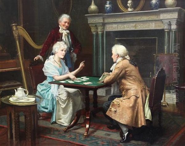 Interior With Georgian Lady And Gentleman Playing Cards Oil Painting by Harold H. Piffard