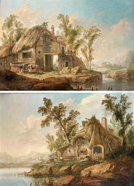 Chaumieres Au Bord D'une Piece D'eau (pair) Oil Painting by Jean Baptiste Pillement