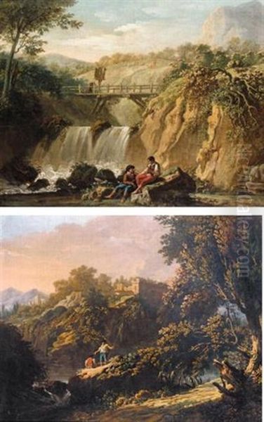 Mountainous Landscape With A Bridge Over A Waterfall And Two Young Men Conversing (+ River At Sunset With Two Fishermen; Pair) Oil Painting by Jean Baptiste Pillement